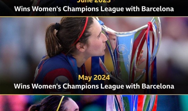 锦鲤阿森纳女足前锋卡尔登泰近5个赛季，4次随队问鼎女足欧冠